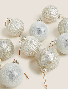 9 Pack Silver Glass Hanging Baubles